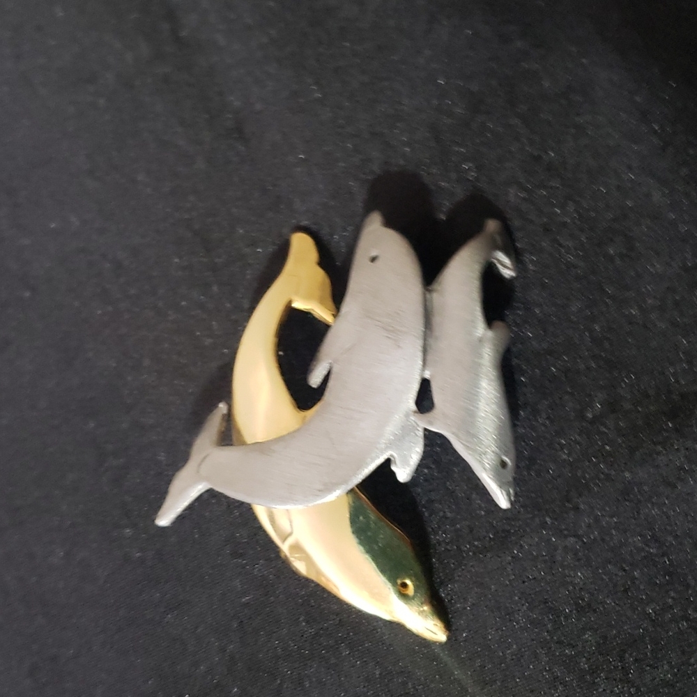 Vintage Ultra Craft Signed Pewter and Gold Tone 3 Dolphins Brooch